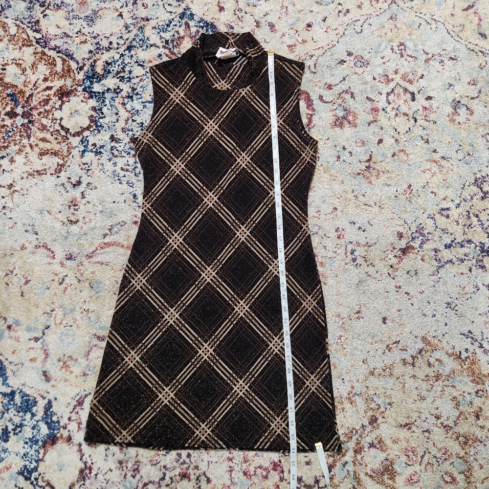 90s Y2K G.A.S. Metallic Plaid Brown Mockneck Mini Dress Size Medium - Picture 12 of 12